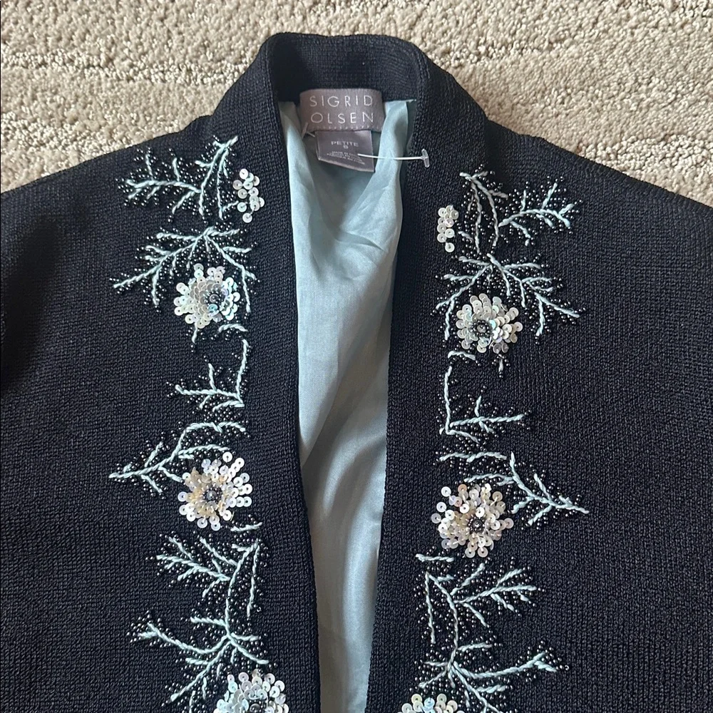 Sigrid Olsen Floral Parisian Party Beaded Sequin Cardigan Sweater Black Size SP